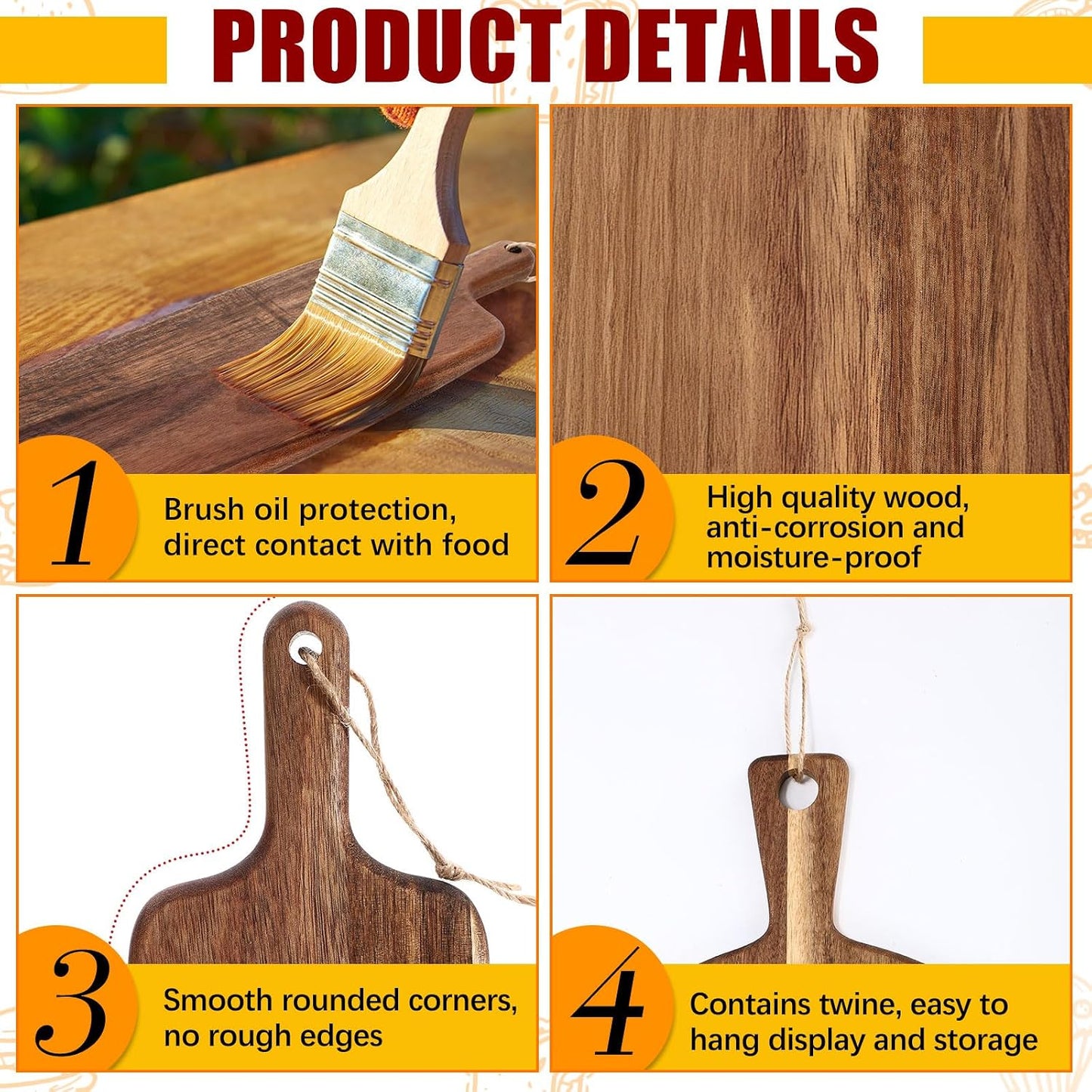 Hsei 2 Pcs Acacia Wood Cutting Board with Handle Wooden Charcuterie Board Large Paddle Carving Chopping Set Butter Serving Tray for Cheese Meat Fruit Pizza Bread(Vintage Style, 16x12, 17x13 Inch)