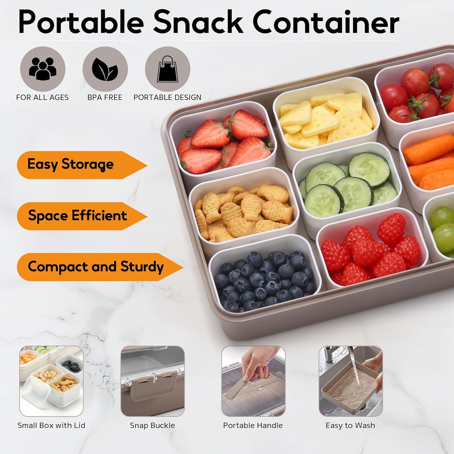 Snackle Box Container for Adults with 9 Compartment, Divided Serving Tray Snack Box Containers with Lid and Handle, Charcuterie Boxes Portable Snack Platter for Fruit Veggie Party Travel, White