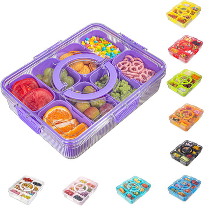 Patent Divided Serving Tray with Lid & Handle - Snackle Box Organizer for Charcuterie, Sandwiches, Veggies, Fruits, Candy - Portable Food Storage for Travel, Beach, Picnics（1 pcs, Orange）