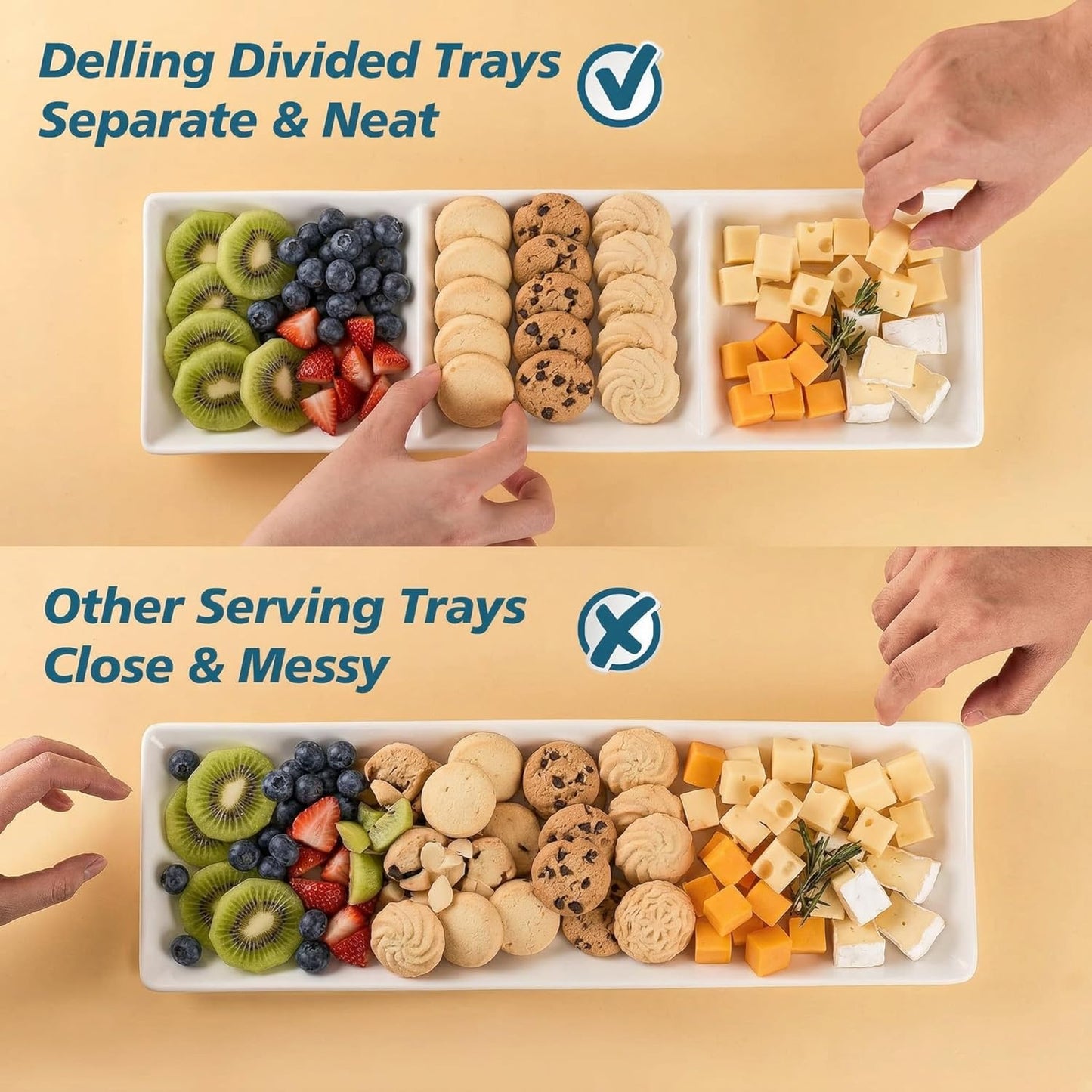 DELLING 16x5 Inch Ceramic 3-Section Serving Tray Set of 3, Stackable Divided Serving Platter - White Porcelain Appetizer Tray for Snack Food Dessert, Dishwasher Safe