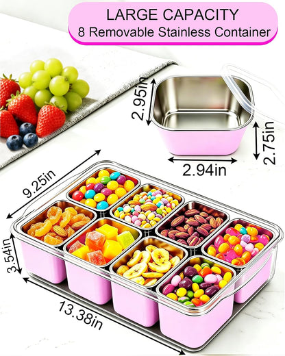 Snackle Box Container, Stainless Steel Divided Serving Tray with Lid and Handle, Large Snack Tray for Fruit Veggie Candy, 8-Compartment Snack Platter for Travel Party Beach Picnic