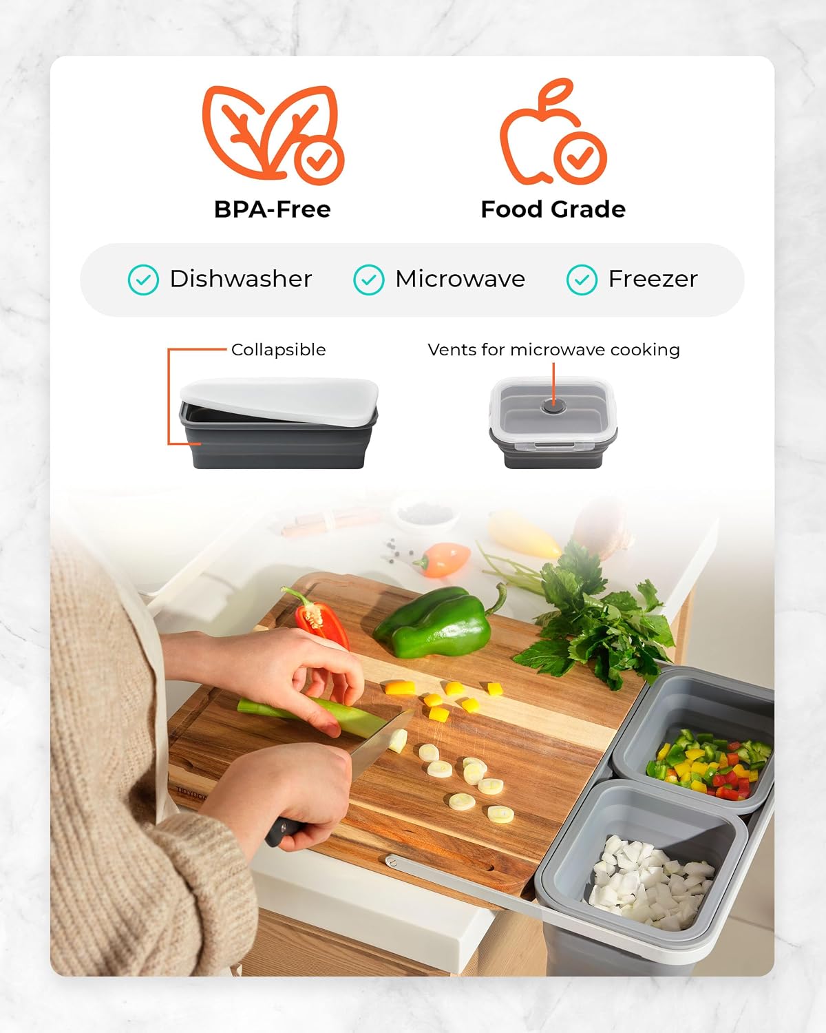 TidyBoard Meal Prep System Starter - Over-the-Sink Smart Chopping Board with 1 Large Strainer, Tubs, & Lids - 1” Thick Acacia Wood Cutting Board with Containers & Strainer, 12 pieces