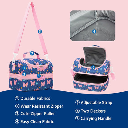 Insulated Kids Dual Compartment Lunch Bags Tote for Girls Boys Toddler School Picnic Food Cooler Thermal with Strap Lunch Boxes Blue Unicorn