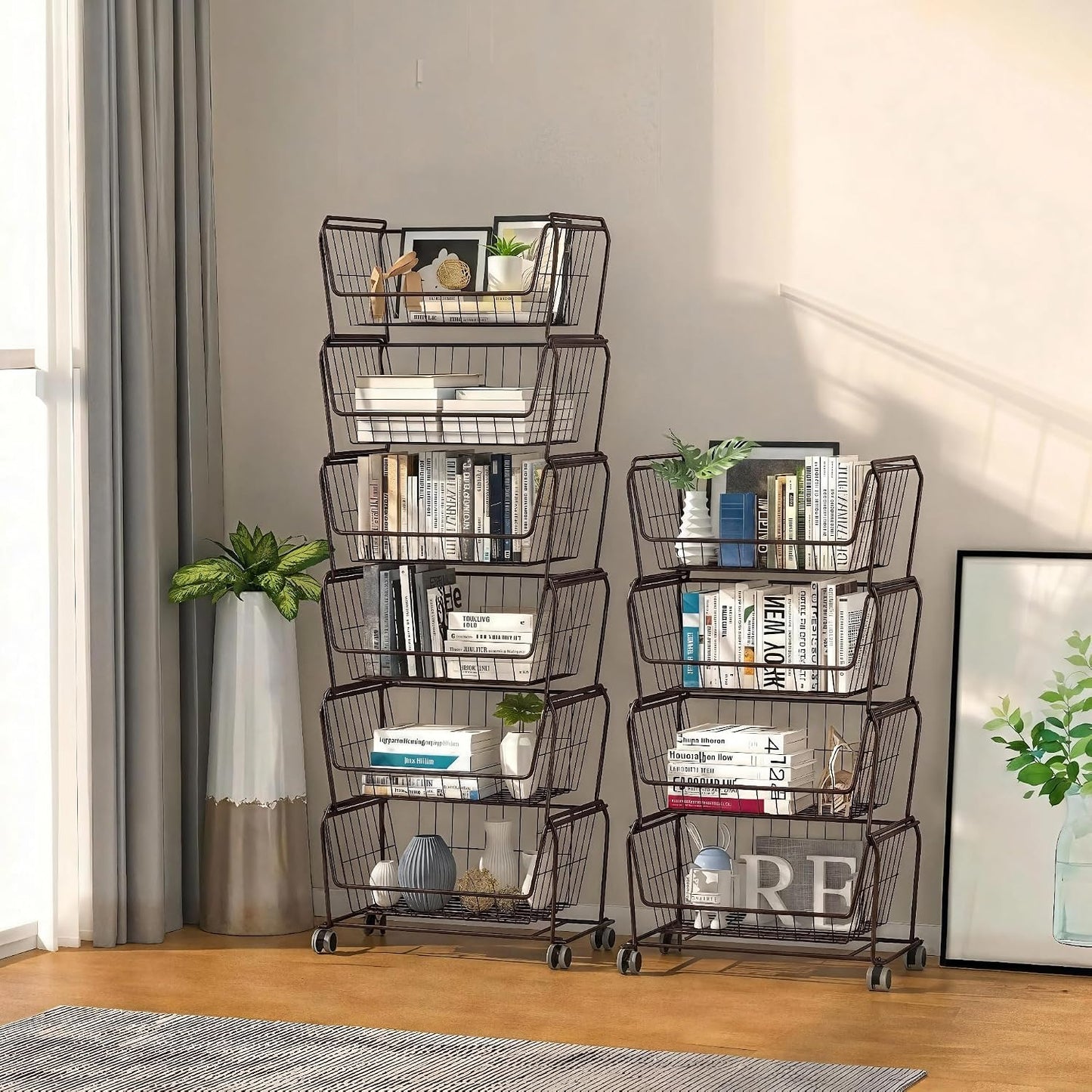 PUSDON 4-Tier Spacious Stackable Wire Storage Baskets with Wheels, Metal Rolling Utility Cart Organizer, Fruit and Vegetable Produce Basket for Kitchen Pantry, Everyday Bathroom Shelf, Silver Grey
