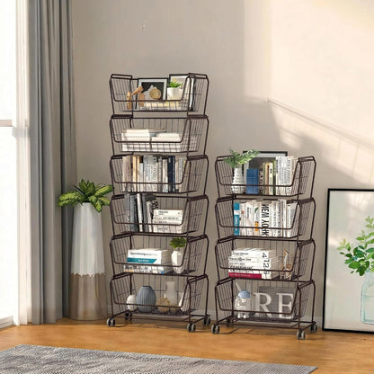 PUSDON 4-Tier Spacious Stackable Wire Storage Baskets with Wheels, Metal Rolling Utility Cart Organizer, Fruit and Vegetable Produce Basket for Kitchen Pantry, Everyday Bathroom Shelf, Silver Grey