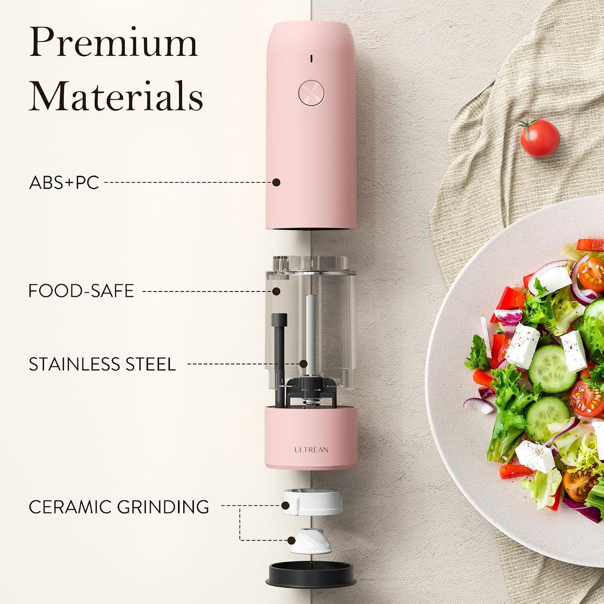 Ultrean Electric Salt and Pepper Grinder Set, Rechargeable,Matte Black