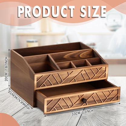 Marsui Paper Plate Dispenser, Wood Rustic Paper Plate Holder for Countertop with Drawer Silverware Utensil Caddy, Cutlery Flatware Organizer for Spoon Fork Napkins Kitchen Parties(Black)