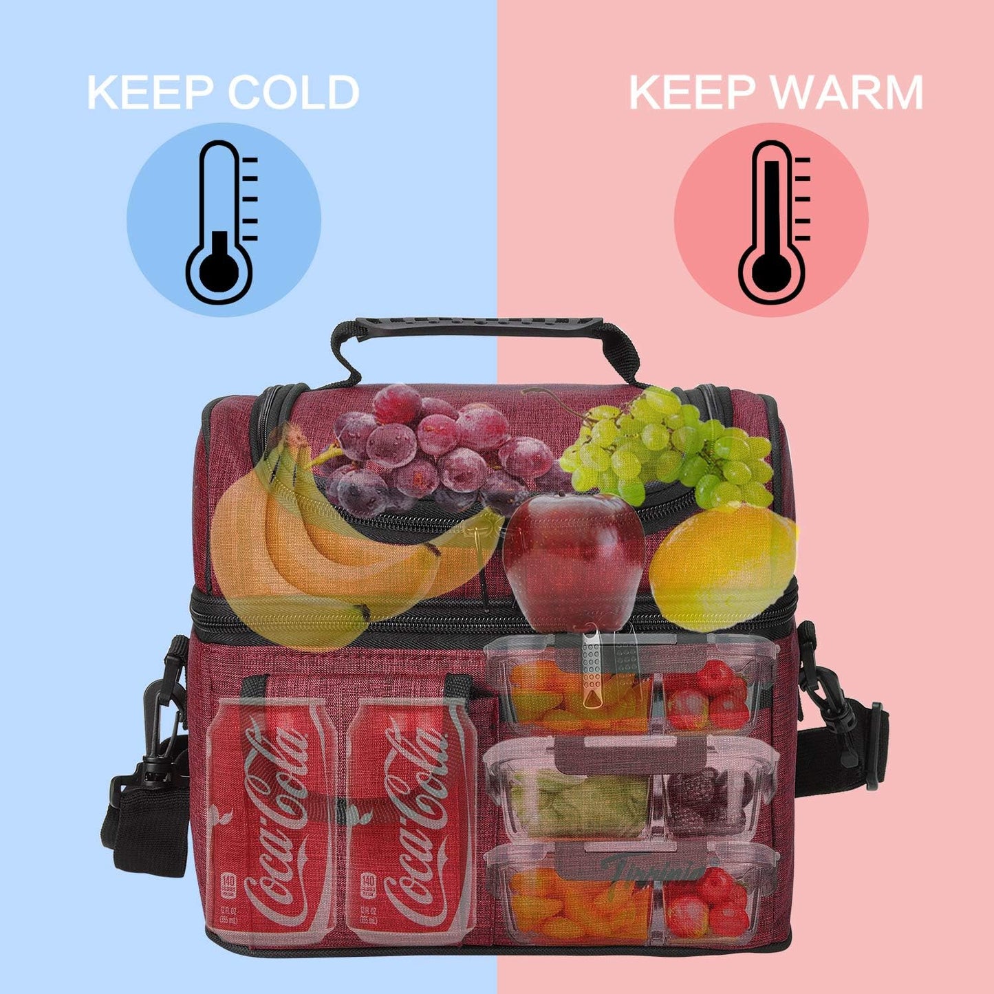 Tirrinia Reusable Lunch Box for Men Women, Insulated Lunch Bag Adult Work, Double Decker Leakproof Lunchbox for Office Picnic Beach—Dual Compartment Lunch Cooler Bag