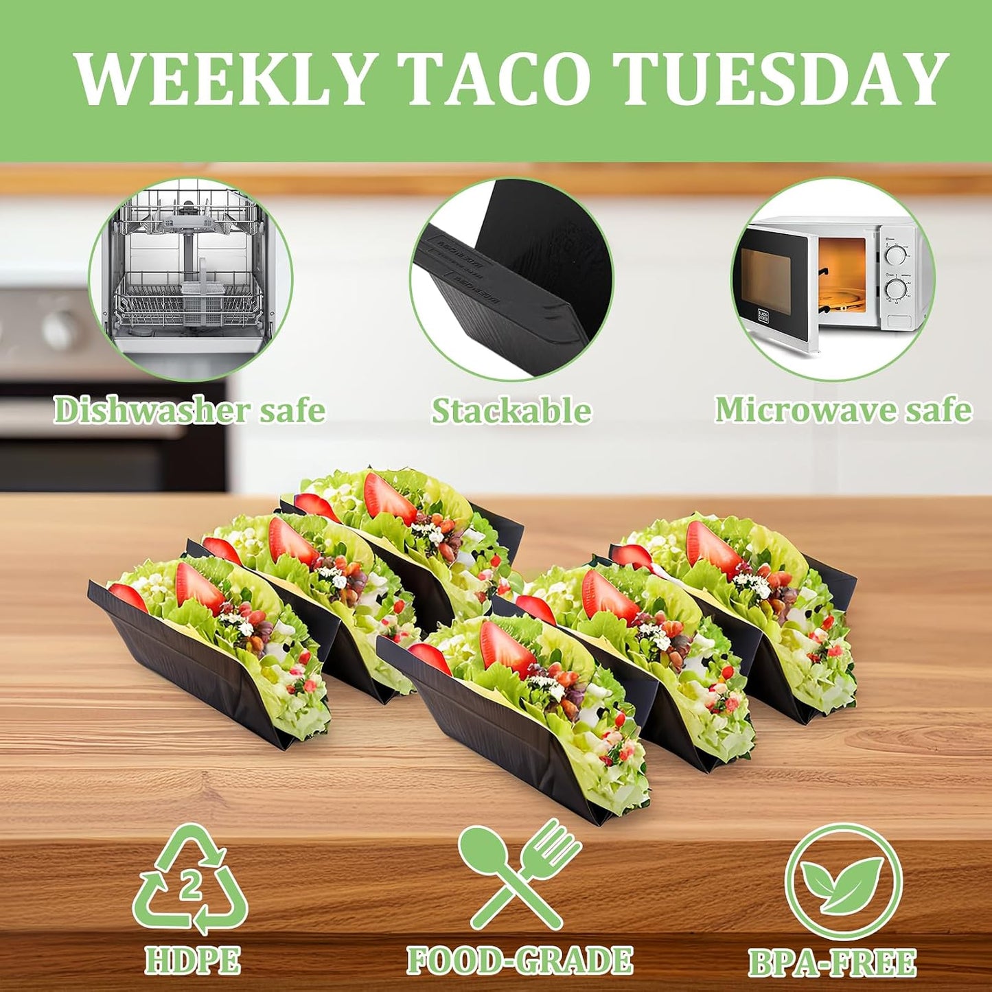 Taco Holder Set of 12, Black Plastics Taco Stand, Each Can Hold 2 To 3 Tortillas for Taco Tuesday Party Holidays, Outings, Weekends and Birthday Parties Dishwasher and Microwave Safe