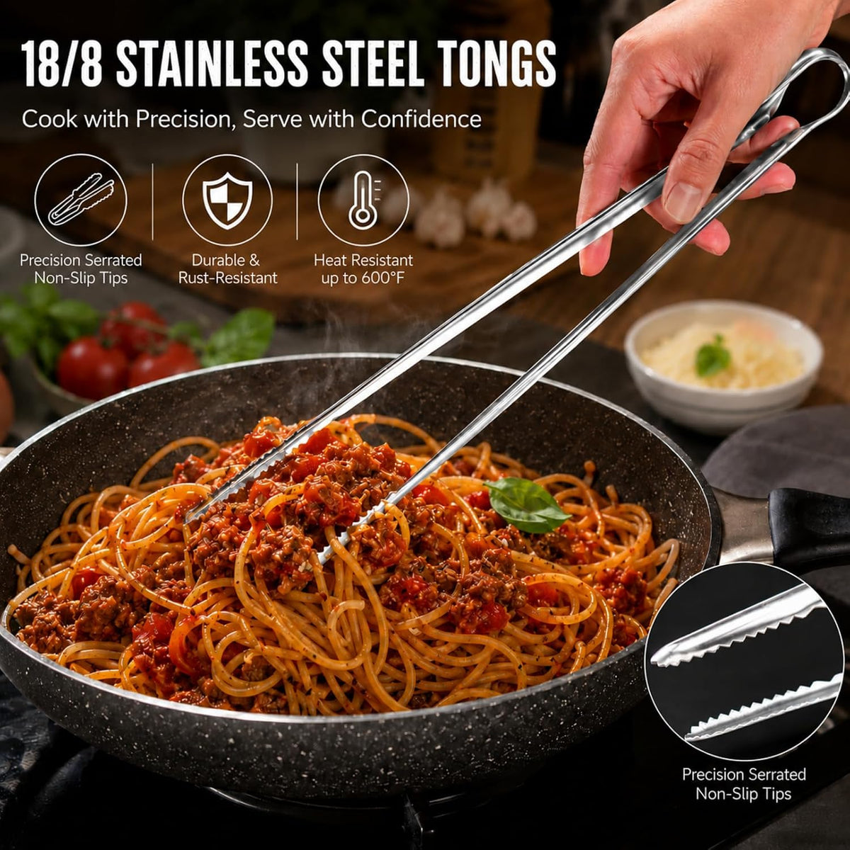 Tongs for Cooking, Long Kitchen Tweezers Set of 3, 18/8 Stainless Steel KitchenTongs with Precision Serrated Non-Slip Tips, Lightweight Durable Tweezer for Frying, Plating & BBQ(9.5"+11.5"+13.5")