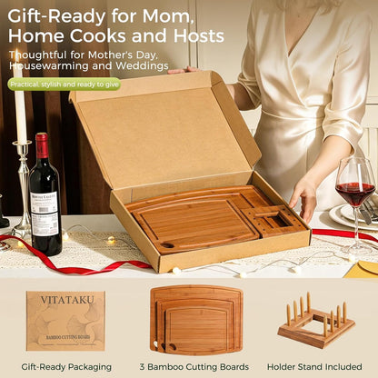 3 Piece Bamboo Cutting Board Set for Kitchen with Storage Stand, 15.4" Deep Carbonized Wood Cutting Board for Charcuterie, Serving Tray with Juice Grooves & Handles, Great Kitchen Gift
