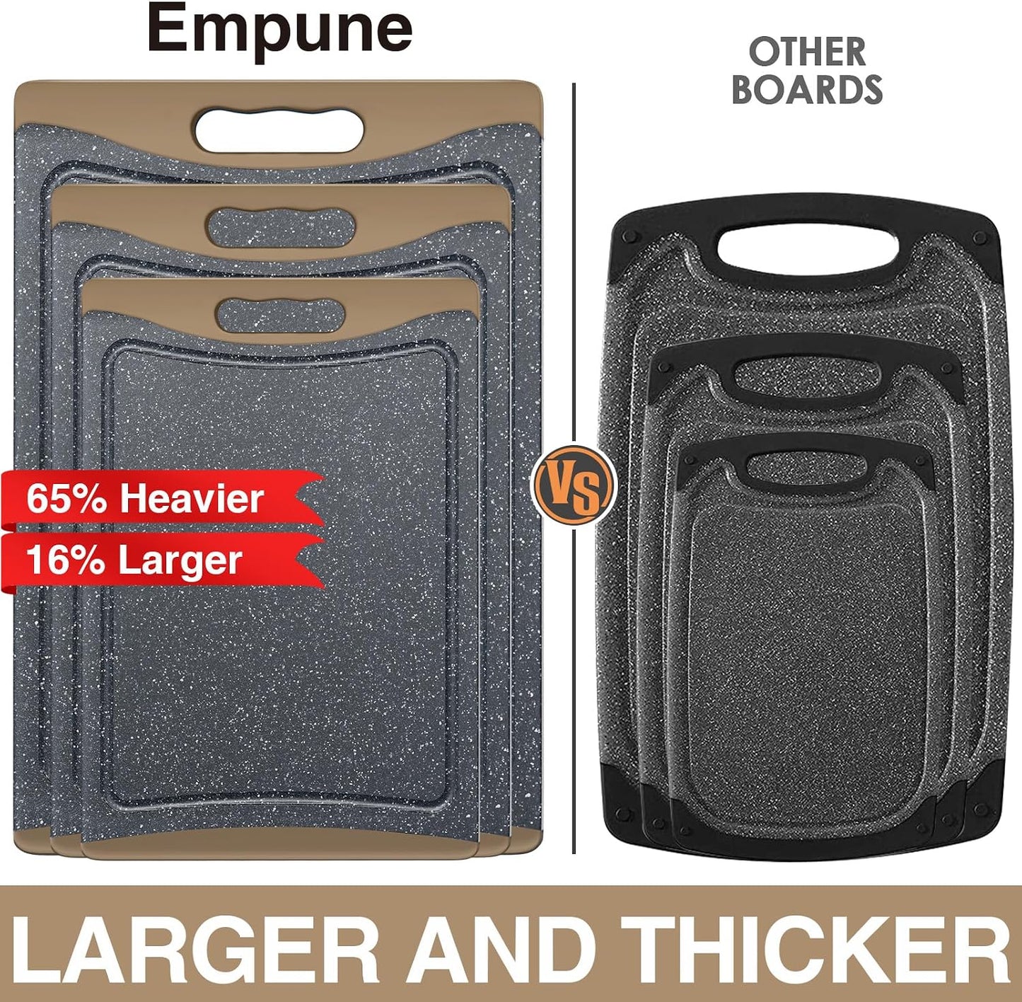 Extra Large Cutting Boards, Plastic Cutting Boards for Kitchen (Set of 3) Cutting Board Set Dishwasher Chopping Board with Juice Grooves Easy-Grip Handles, Dark Grey, Empune