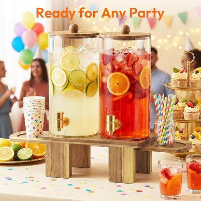 1.5 Gallon Drink Dispenser for Parties (2 Pack) - Glass Beverage Dispenser with Wood Stand, Stainless Steel Spigot & Coasters, Large Beverage Container for Hosting, BBQ, Lemonade, Juice & Iced Tea