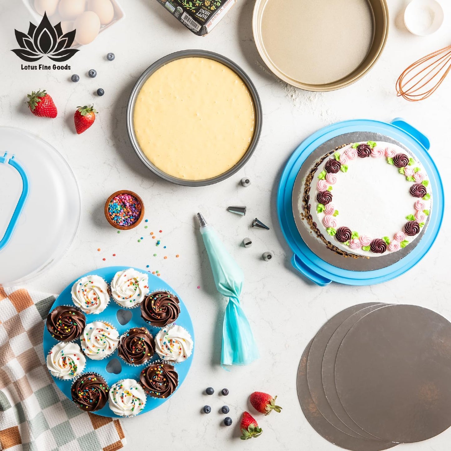 Cake Carrier with Lid and Handle – 10" Cake Storage Container with Baking Accessories, Cake Stand with Baking Pan, Cupcake Tray, Cake Boards & Piping Set