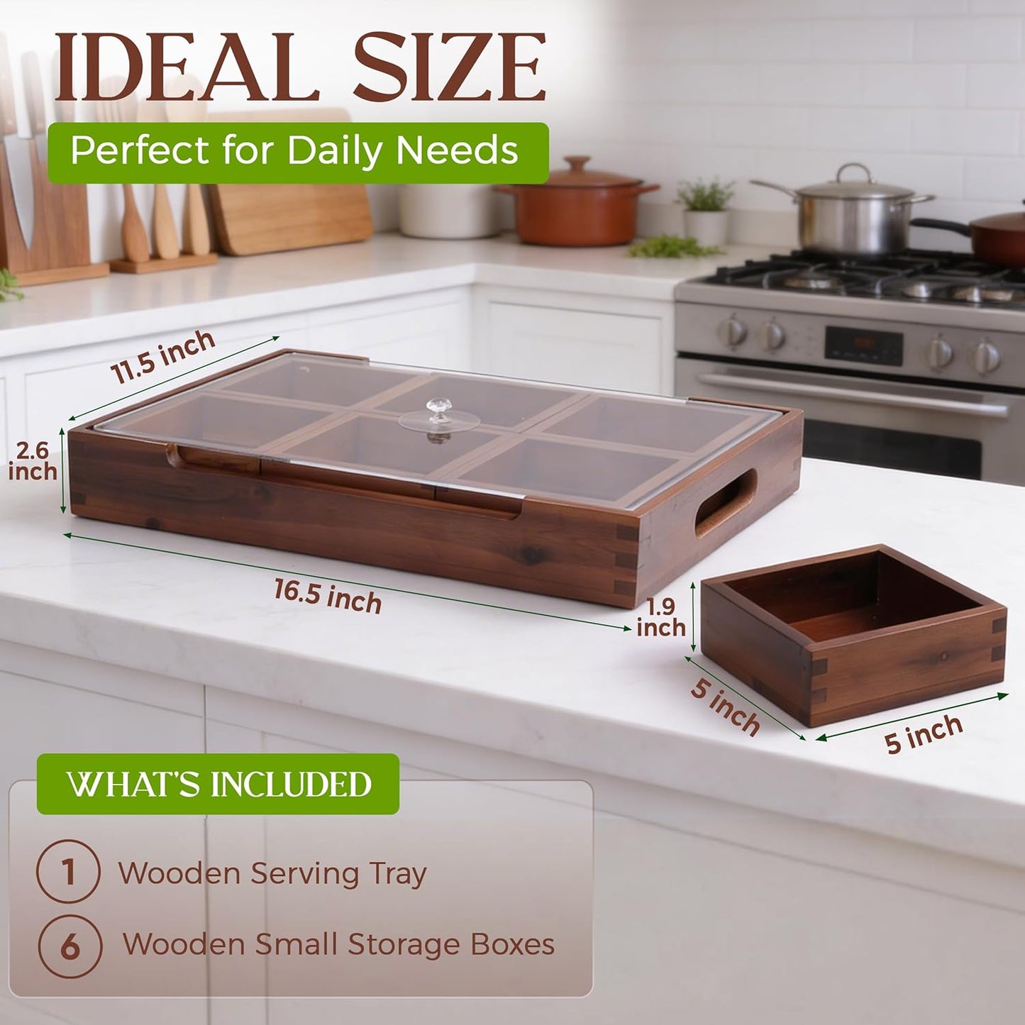 Set7 Wood Serving Tray With Handles And Lid – Large Rectangular Breakfast & Ottoman Tray with Raised Edges, Serving Platter Snack Tray, Serving Tray with Food, Drinks, Appetizer Dishes & Dessert Trays
