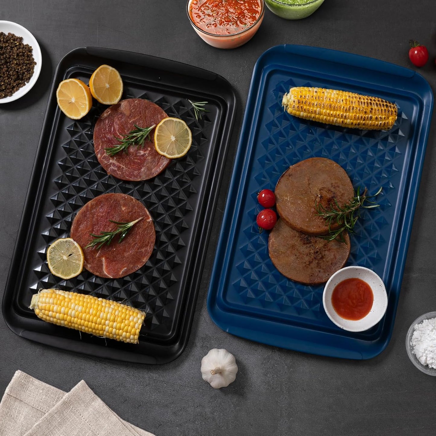 BBQ Tray for Raw Meat Prep and Cooked Food, Grill Prep and Serve Trays, Melamine Serving Trays and Platters for Food, Unbreakable Party Tray, Set of 2, Black and Red