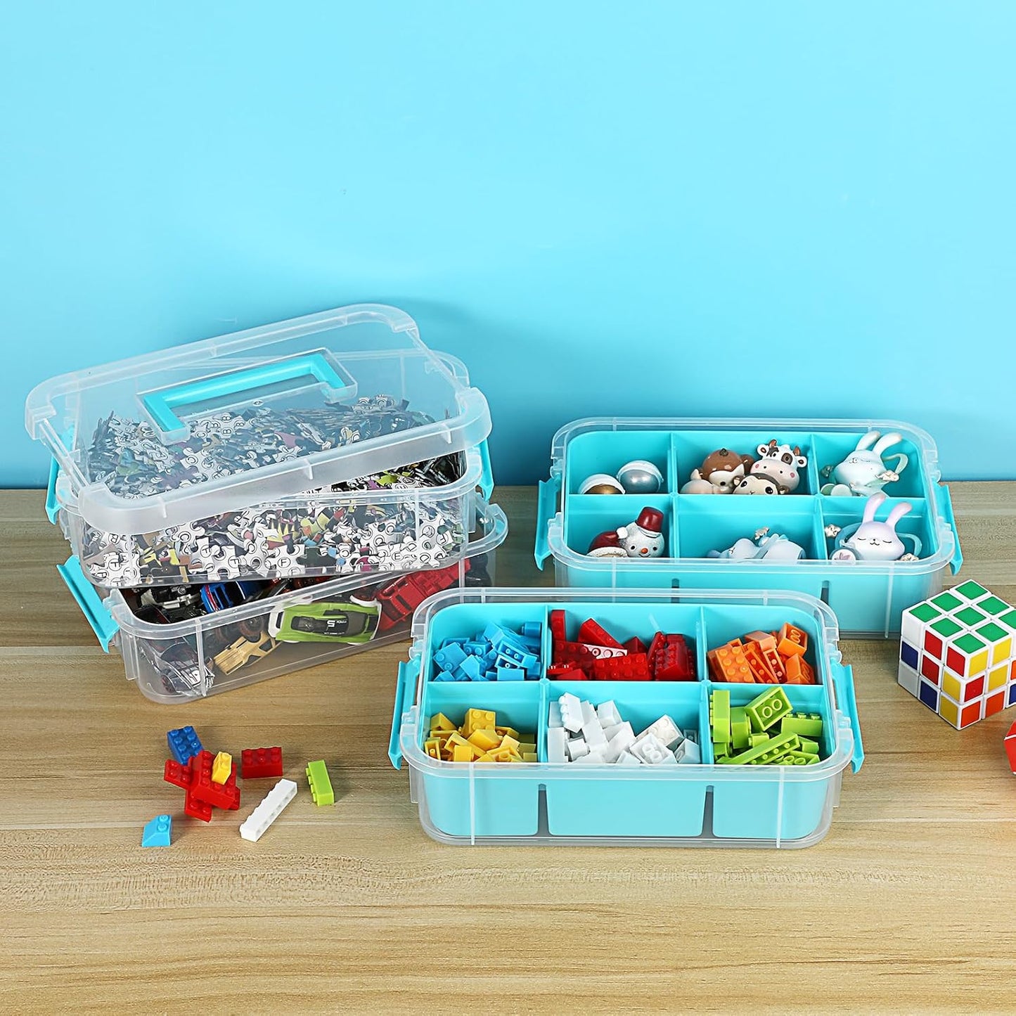 JUXYES 4-Tiers Plastic Stack Carry Storage Containers Box wih Handle Lids | Clear Stackable Latching Storage Bin With 2 Tray for School Office, Organizing Sewing, Art Craft, DIY Supplies, Blue