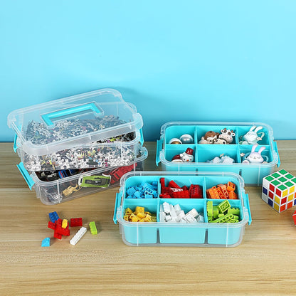 JUXYES 4-Tiers Plastic Stack Carry Storage Containers Box wih Handle Lids | Clear Stackable Latching Storage Bin With 2 Tray for School Office, Organizing Sewing, Art Craft, DIY Supplies, Blue
