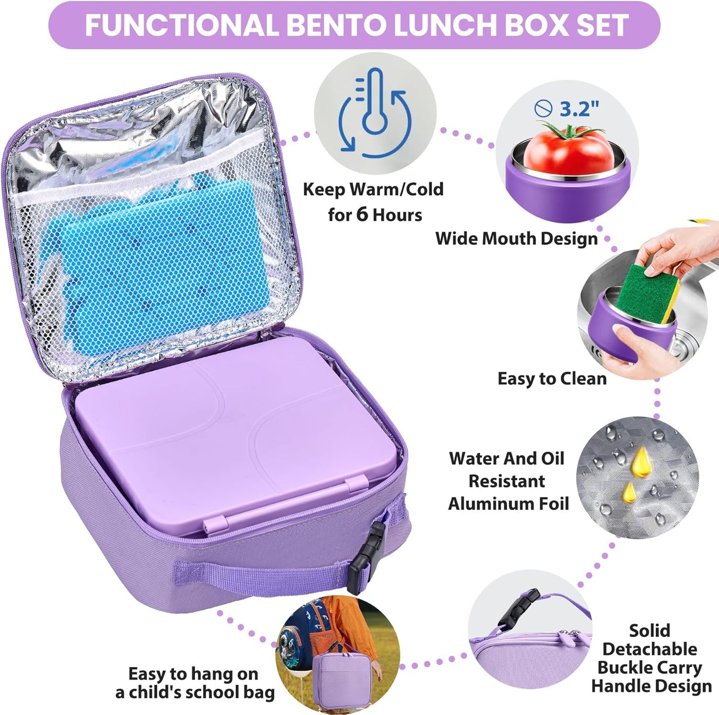 Bento Lunch Box with 8oz Soup Thermo,Kids Leakproof 4 Compartment Lunch Food Containers with Sauce Cup and Ice Pack,Kids Thermo Insulated Hot Food Jar and Lunch Bag for School,Trvael-Black