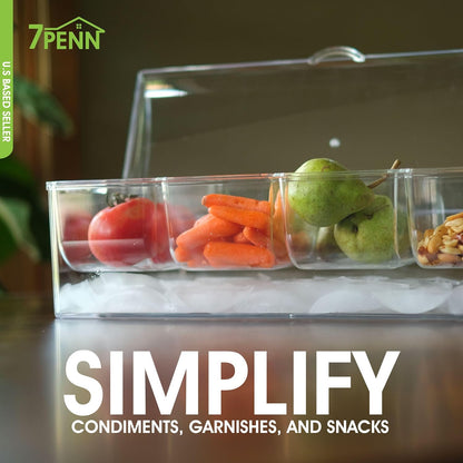 7Penn Condiment Tray with Ice Chamber, 4 Condiment Containers, Lid - Bar Garnish Tray Chilled Condiment Server Caddy