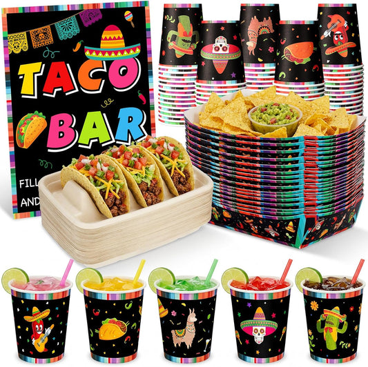 31 Pcs Taco Bar Supplies Kit Serving Party Mexican Party Decoration Fiesta Tacos Food and Tequila Decoration Fiesta Bar Sign 3 Dividers Food Trays Paper Cups and Snack Holder for Taco Tuesday Supplies