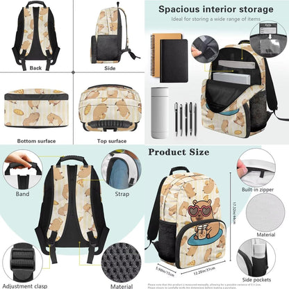 Cute Capybara Pizza Backpack for Girls, 5 Pcs Boys School Bag Set for Kids, 17 Inch Backpacks Lunch Pencil Box Reusable Utensils Case Set for Middle Elementary School, 3rd Grade Backpack