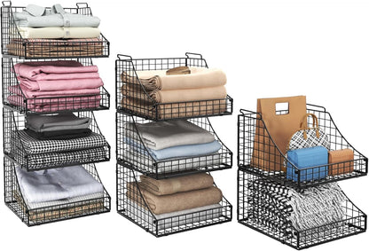 Lyuwanxian 4-Pack Stackable Wire Baskets for Closet Organizers and Storage, Open Storage Bins for Clothes, Toys, and Snacks - Rustic Metal Closet Organizer and Shelves in Black