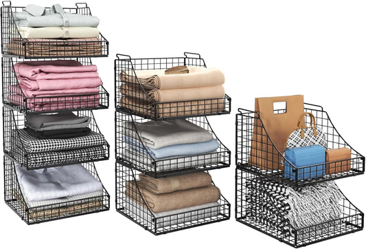Lyuwanxian 4-Pack Stackable Wire Baskets for Closet Organizers and Storage, Open Storage Bins for Clothes, Toys, and Snacks - Rustic Metal Closet Organizer and Shelves in Black