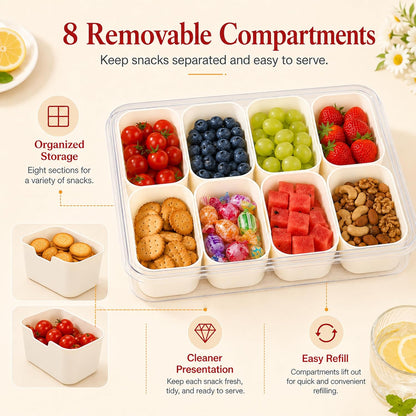 2 Pack Snackle Box Container with 8 Removable Compartments, Portable Snack Tray with Lid and Handle for Travel, Camping, Picnic, Party, Game Day & Movie Night