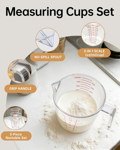 Measuring Cups, Plastic Measuring Cups Set of 3-1000ml, 600ml, 300ml with Spout & Easy-Pour Design, Leak-Proof, Cooking, Baking, Liquid & Dry Ingredients, (ML/OZ/CUP)