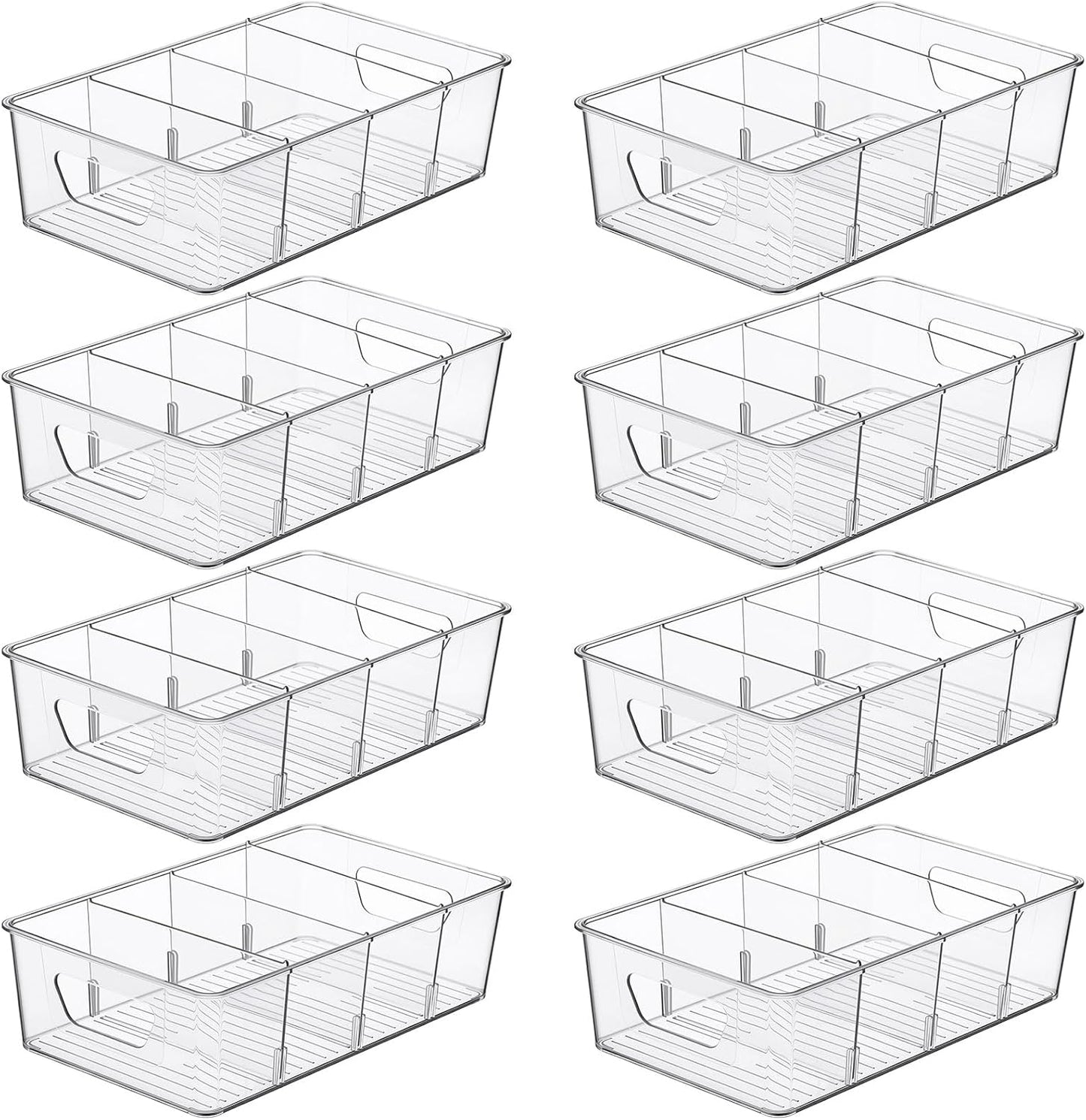 8 Pcs Pantry Organizers Bins, Clear Plastic Stackable Snack Storage Containers with 3 Dividers for Kitchen Cabinet Fridge Shelf Organization, 4 Compartment Holder
