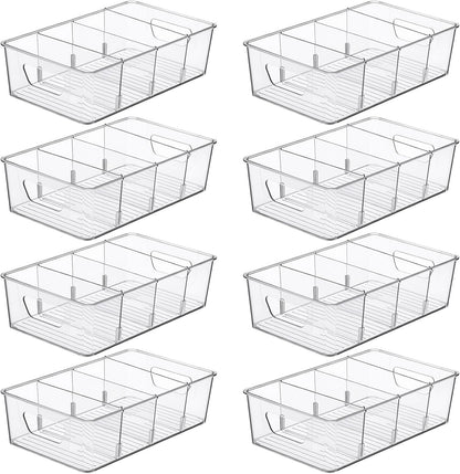 8 Pcs Pantry Organizers Bins, Clear Plastic Stackable Snack Storage Containers with 3 Dividers for Kitchen Cabinet Fridge Shelf Organization, 4 Compartment Holder