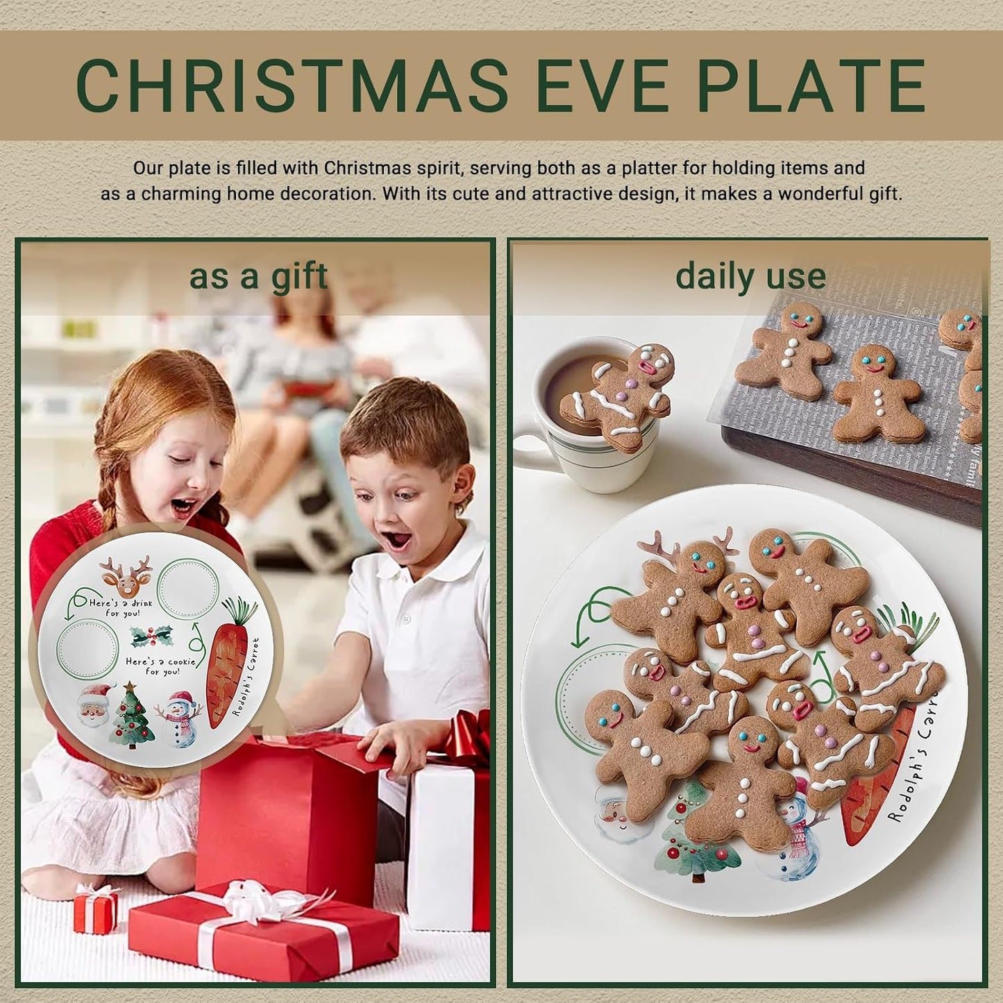 10" Santa Cookie Melamine Plate – Round Christmas Tray for Snacks, Milk, and Carrots, Cute Santa Treat Platter for Xmas Eve, Decorative Serving Board for Holiday Parties (2 Pieces)
