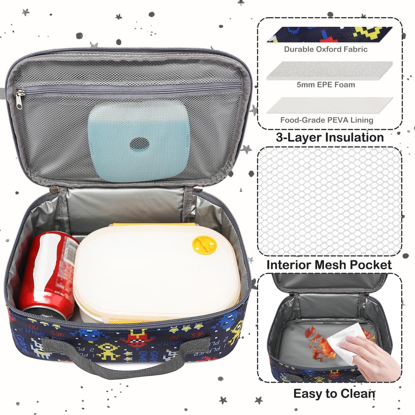 FlowFly Kids Lunch box Insulated Soft Bag Mini Cooler Back to School Thermal Meal Tote Kit for Girls, Boys, Black