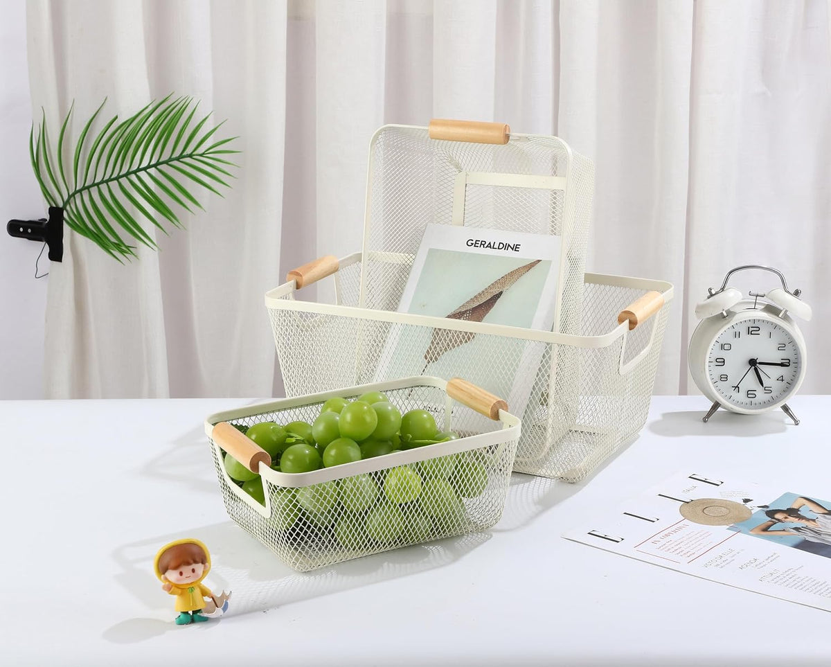 AJIODA Metal Mesh Steel Basket, Large Wire Storage Organizer Basket Multi-function Hanging Kitchen Baskets with Wood Handle for Kitchen Bathroom Picnic Home, Rectangle-Off White