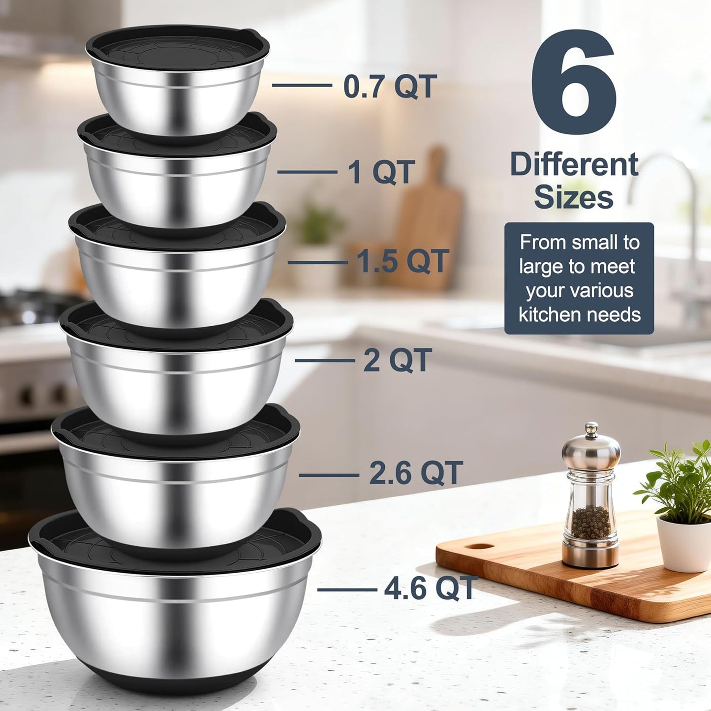 TeamFar Mixing Bowls, Stainless Steel Mixing Bowls with Lids, Nesting Salad Bowls with Air-tight Lids & Non-slip Bottom, Dishwasher Safe & Stackable, Set of 6-4.6/2.6/2 / 1.5/1 / 0.7 Qt