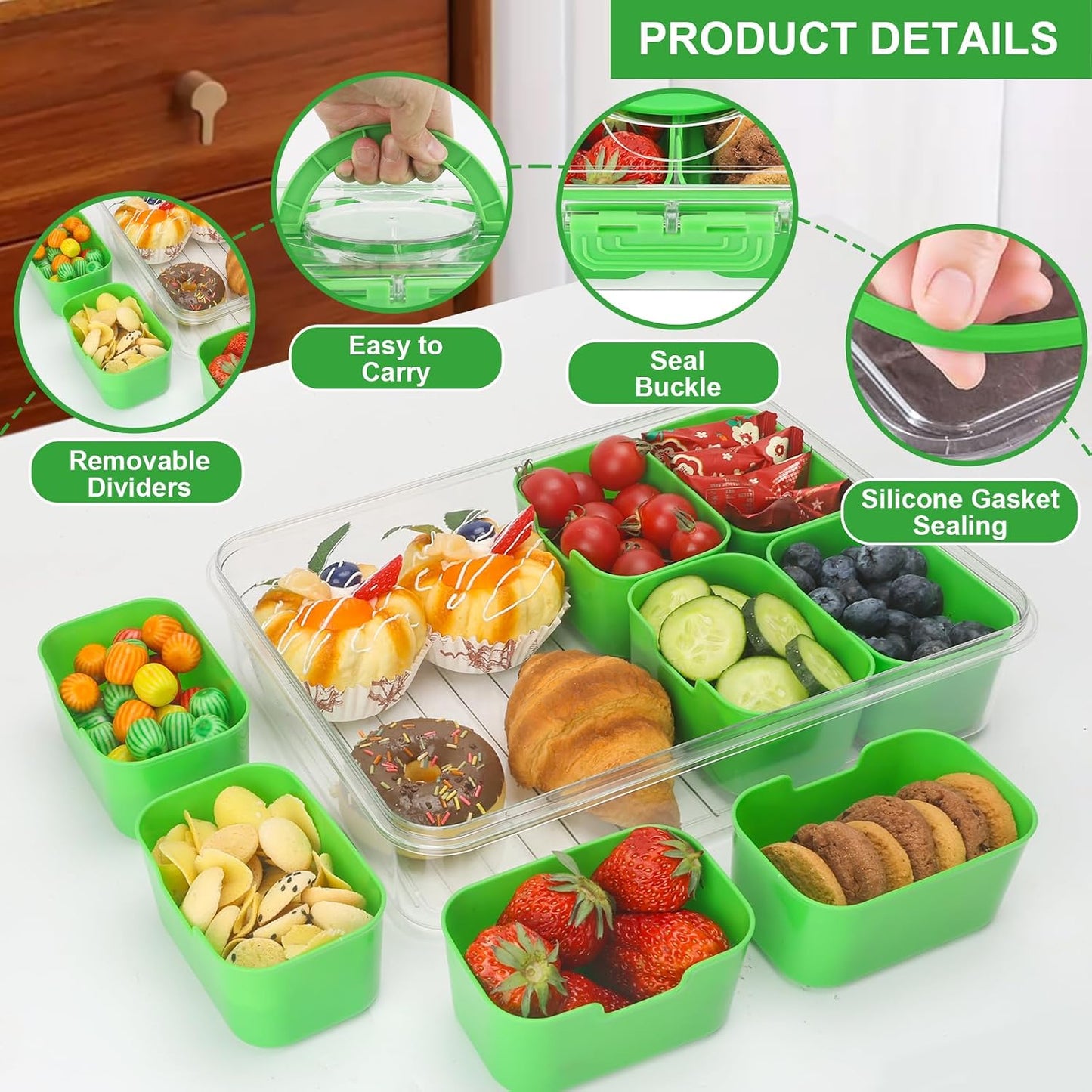 shopwithgreen 2Pcs Divided Serving Tray with Lid and Handle, Portable Snackle Box Snack Containers for Charcuterie, Party, Veggies, Snack, Fruit, Nuts, Candy, Chip, Entertaining, Picnic