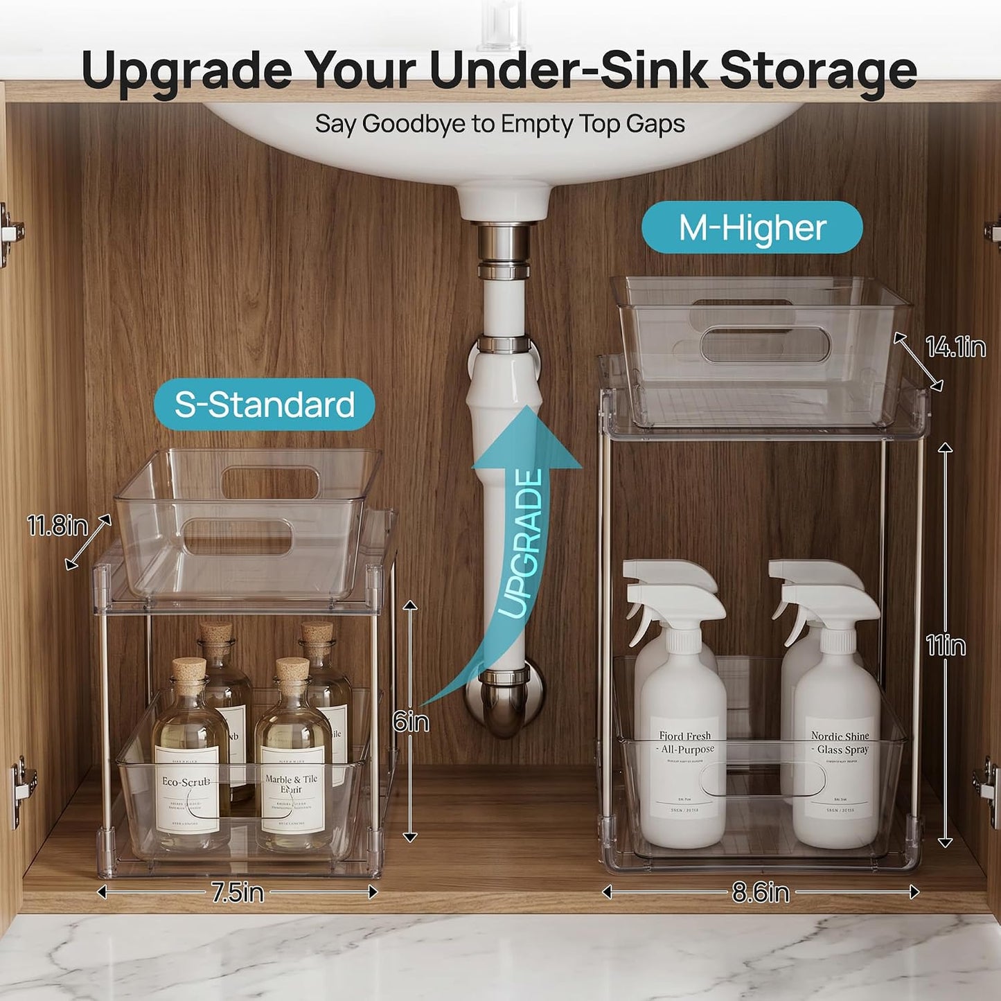 Vtopmart 4 Pack Bathroom Under Sink Organizers Organizer, 2 Tier Clear Pull-Out Organization (S-Standard)