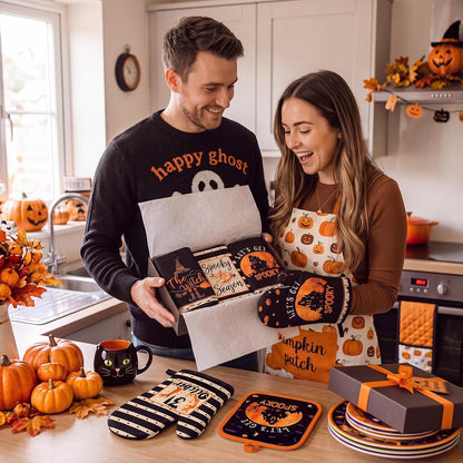 SiliFine 12 Pcs Fall Pumpkin Kitchen Towels Oven Mitts Pot Holders Set