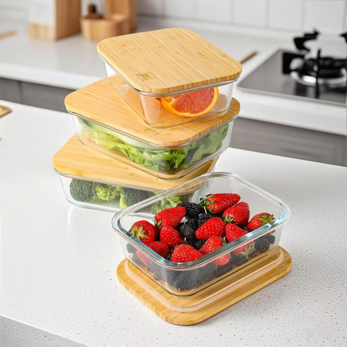 Glass Food Storage Containers with Bamboo Lids (4-Pack, 36oz) Airtight, Leakproof, BPA-Free Borosilicate Glass Meal Prep Containers – Eco-Friendly, Oven/Microwave/Freezer Safe-Plastic-Free & Reusable