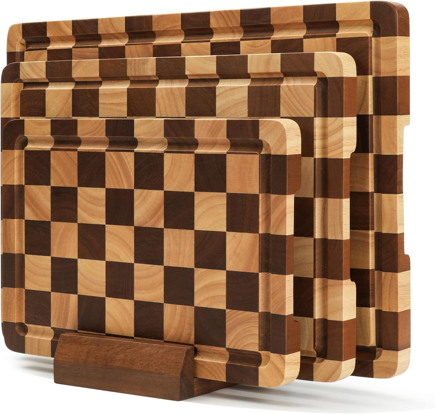 Checkered Cutting Board Set for Kitchen - 3 PCS Solid Wood End Grain Checkerboard Chopping Board with Holder & Juice Groove, Wooden Cutting Boards for Meat, Vegetables, Fruits (S, M, L)