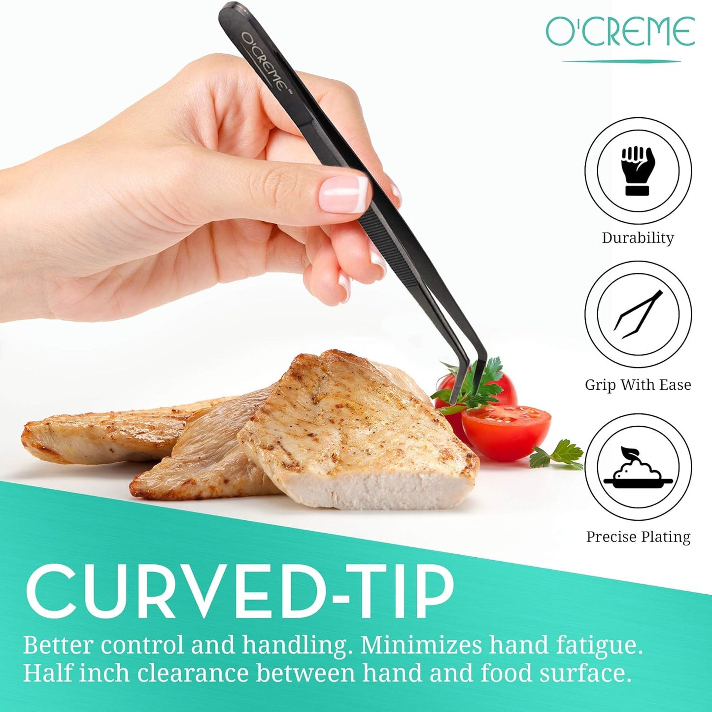 O'Creme 12 Inch Stainless Steel Precision Kitchen Culinary Tweezer Tongs (12" Curved, Rose Gold)