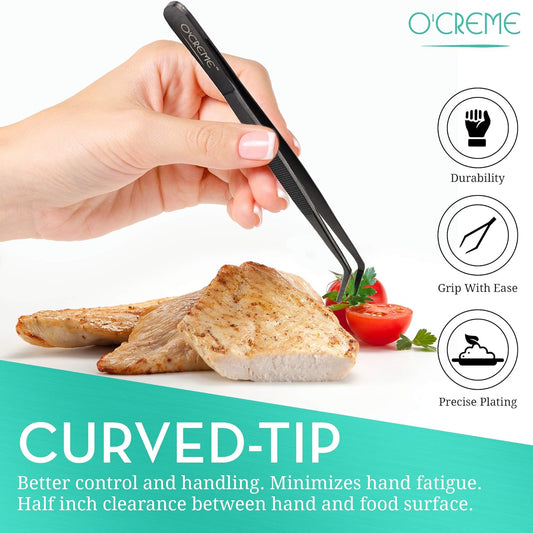O'Creme Stainless Steel Precision Kitchen Tweezer Tongs with Serrated Tips for Gripping (10" Curved, Silver)