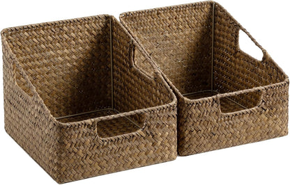 StorageWorks Water Hyacinth Pantry Storage Baskets, Wicker Baskets with Built-in Handles, Handwoven Shelf Baskets for Organizing, Pantry Organizers and Storage, 3 Pack