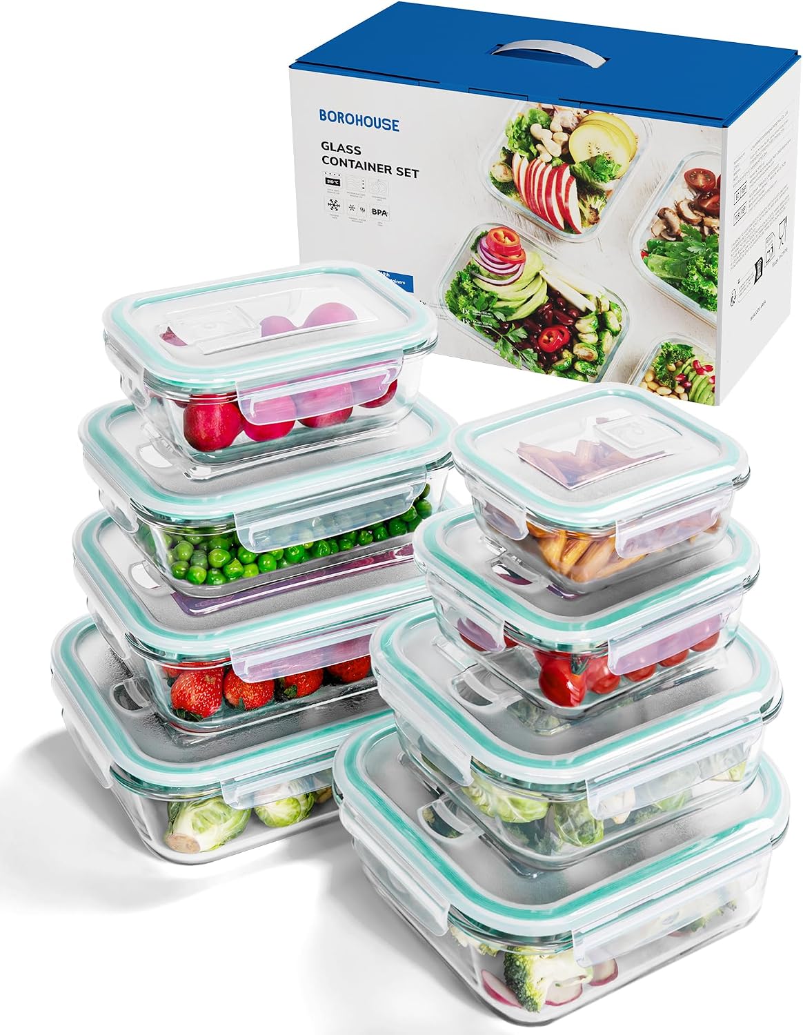 8-Pack Borosilicate Glass Food Storage Containers Set with Airtight Lids - Oven, Microwave & Freezer Safe, Leak-Proof, BPA-Free - Baking, Meal Prep & Gift Ready