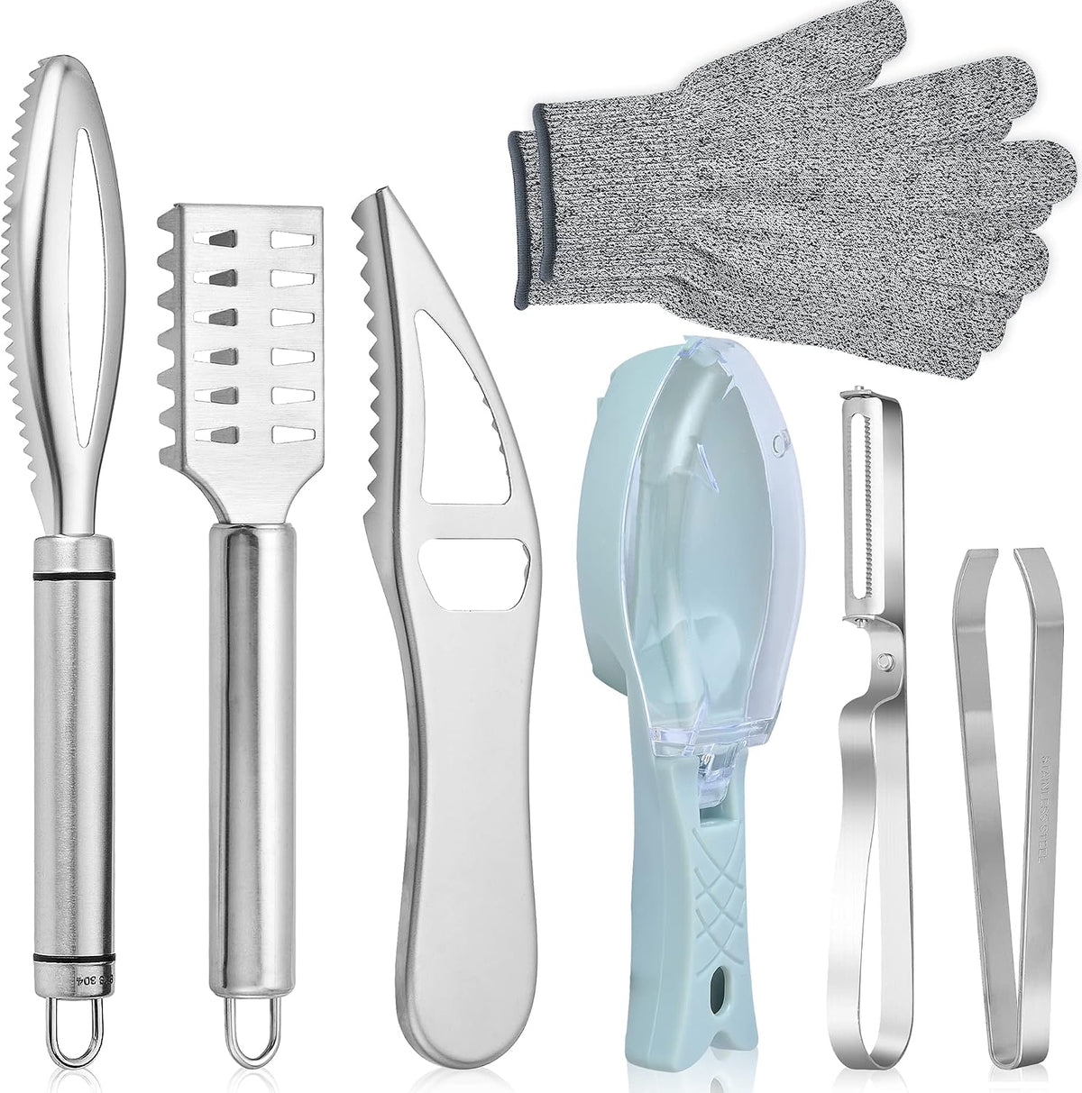 7 Pieces Fish Scale Remover, Hand Held Fish Scaler with Mitten and Tweezers