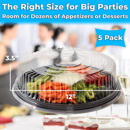 Avant Grub Heavy Duty, Recyclable 12 in. Serving Tray and Lid 5pk. Large, Black Plastic Party Platters with Clear Lids Dishware Plate, Elegant Round Banquet or Catering Trays for Serving Appetizers
