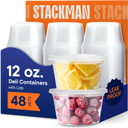 Stack Man 16 oz Deli Containers with Lids (48 Sets) – Pint Clear Plastic Food Storage Containers, Airtight Leak-Resistant Seal, BPA-Free, Microwave & Freezer Safe, Meal Prep Soup Takeout To-Go