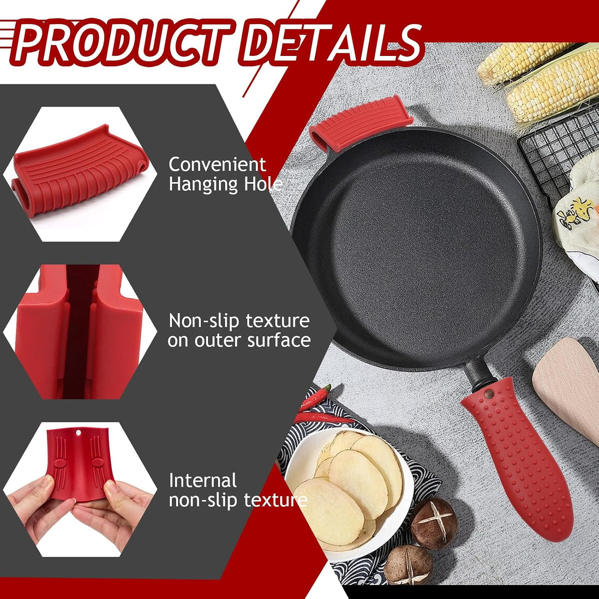3 Pack Cast Iron Handle Covers, Heat Resistant Silicone, Red