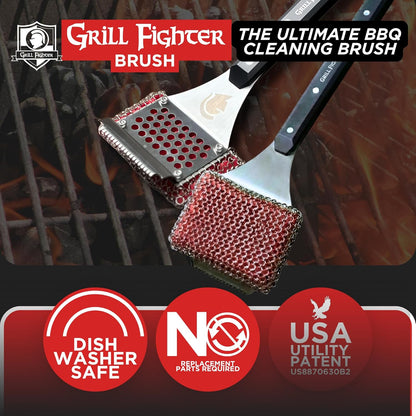 Grill Brush, Steel Bristle-Free BBQ Grill Cleaner with SteelCloth™ Stainless Steel Chainmail, Ergonomic Handle for Cast Iron, Stainless Steel & Porcelain-Coated Grates, 1 Pack